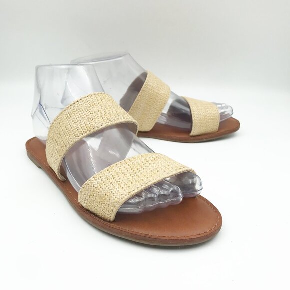 LULUS Flat Tan Neutral Woven Two Strap Flip Flop Slide Sandals Womens 7 - Picture 1 of 9